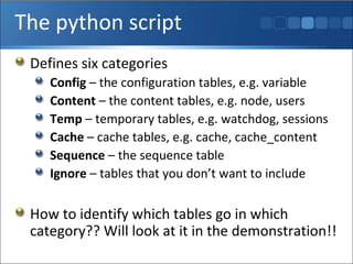 The python script Defines six categories Config  – the configuration tables, e.g. variable Content  – the content tables, e.g. node, users Temp  – temporary tables, e.g. watchdog, sessions Cache  – cache tables, e.g. cache, cache_content Sequence  – the sequence table Ignore  – tables that you don’t want to include How to identify which tables go in which category?? Will look at it in the demonstration!! 