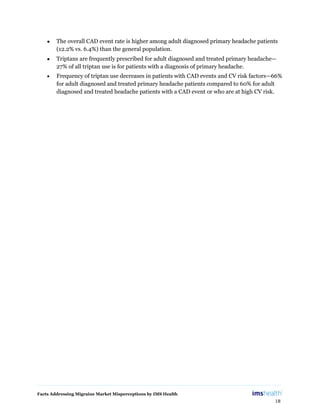 Facts Addressing Migraine Market Misperceptions by IMS Health
18
• The overall CAD event rate is higher among adult diagnosed primary headache patients
(12.2% vs. 6.4%) than the general population.
• Triptans are frequently prescribed for adult diagnosed and treated primary headache—
27% of all triptan use is for patients with a diagnosis of primary headache.
• Frequency of triptan use decreases in patients with CAD events and CV risk factors—66%
for adult diagnosed and treated primary headache patients compared to 60% for adult
diagnosed and treated headache patients with a CAD event or who are at high CV risk.
 