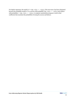 Facts Addressing Migraine Market Misperceptions by IMS Health
26
For logistic regression, the model is Y = L(β0 + β1X1 + ⋯ + βnXn). The error term ε has been eliminated
because the probability model is: Y is a success with probability L(β0 + β1X1 + ⋯ + βnXn) and a failure
with probability1 − L(β0 + β1X1 + ⋯ + βnXn). A computer maximization program is used to find
coefficients that maximize the probabilities of seeing the success and failures.
 