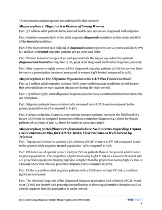 Facts Addressing Migraine Market Misperceptions by IMS Health
4
Three common misperceptions are addressed by this research:
Misperception 1: Migraine is a Disease of Young Women
Fact: 3.7 million adult patients in the insured health care system are diagnosed with migraine.
Fact: Females comprise 82% of the adult migraine diagnosed population in this study and 85%
of the treated population.
Fact: Fifty-four percent (2.2 million) of diagnosed migraine patients are 40 years and older; 57%
(1.1 million) of treated migraine patients are 40 years and older.
Fact: Women between the ages of 40 and 49 constitute the largest age cohort for patients
diagnosed and treated for migraine (21%, 403k of all diagnosed and treated migraine patients).
Fact: Men comprise roughly one out of five diagnosed migraine patients (20%) but are less likely
to receive a prescription treatment compared to women (41% treated compared to 51%).
Misperception 2: The Migraine Population with CAD Risk Factors is Small
Fact: 2.8 million adult migraine patients (76%) carry cardiovascular conditions or risk factors
that contraindicate or warn against triptan use during the study period.
Fact: 1.3 million (35%) adult diagnosed migraine patients have a contraindication that limits the
use of triptans.
Fact: Migraine patients have a substantially increased rate of CAD events compared to the
general population (9.9% compared to 6.4%).
Fact: Having a migraine diagnosis, even among younger patients, increases the likelihood of a
future CAD event as compared to patients without a migraine diagnosis (4.5 times for female
patients 18-29 years of age; 5.1 times for males in same age range).
Misperception 3: Healthcare Professionals have No Concerns Regarding Triptan
Use in Patients at Risk for CAD (CV Risk); View Patients as Well-Served by
Triptans
Fact: Triptan use is lower in patients with a history of CAD event or at CV risk compared to use
in the general adult migraine treated population--56% compared to 75%.
Fact: Off-label use of opioids is more likely in CV risk patients than in the general adult treated
migraine population. The proportion of patients having high CV risk or a known CAD event who
are prescribed opioids for treating migraine is higher than the proportion having high CV risk or
a known CAD event who are prescribed triptans (74% compared to 56%).
Fact: Of the 2.3 million adult migraine patients with a CAD event or high CV risk, 1.2 million
(53%) are untreated.
Fact: The relatively large size of the diagnosed migraine population with a history of CAD event
or at CV risk not treated with prescription medication or choosing alternative therapies such as
opioids suggests that this population is under-served.
 