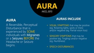 AURA
A Reversible, Perceptual
Disturbance that is
experienced by SOME
individuals with Migraines
or a Seizures BEFORE the
...