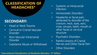 5
CLASSIFICATION OF
HEADACHES*
*International Classification of Headache Disorders- 3rd Edition
 