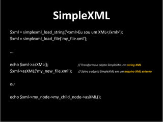SimpleXML
$xml = simplexml_load_string(‘<xml>Eu sou um XML</xml>’);
$xml = simplexml_load_file(‘my_file.xml’);

...

echo $xml->asXML();               // Transforma o objeto SimpleXML em string XML

$xml->asXML(‘my_new_file.xml’);   // Salva o objeto SimpleXML em um arquivo XML externo



ou

echo $xml->my_node->my_child_node->asXML();
 