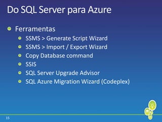 15
Do SQL Server para Azure
Ferramentas
SSMS > Generate Script Wizard
SSMS > Import / Export Wizard
Copy Database command
SSIS
SQL Server Upgrade Advisor
SQL Azure Migration Wizard (Codeplex)
 