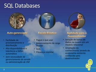 3
SQL Databases
• Pague o que usar
• Balanceamento de carga
flexível
• SLAs
• Presença mundial
• Facilidade de
provisionamento e
distribuição
• Alta disponibilidade e
tolerância a falhas
automático
• Sem necessidade de
gerenciamento do servidr
ou administração de VM
• Solução de banco de
dados na nuvem em um
modelo relacional
• Ampliação do
conhecimento através do
ecosistema existente
conhecido pelo
desenvolvedor
 