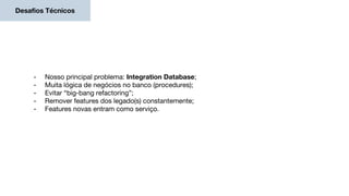 Desafios Técnicos
- Nosso principal problema: Integration Database;
- Muita lógica de negócios no banco (procedures);
- Evitar “big-bang refactoring”;
- Remover features dos legado(s) constantemente;
- Features novas entram como serviço.
 