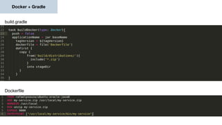 Docker + Gradle
Dockerfile
build.gradle
 