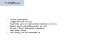 Próximos Passos
- Finalizar projeto piloto;
- Criação de novos serviços;
- Trazer mais aplicações como consumidores dos serviços;
- Equipes de outros projetos construir serviços;
- Diminuir a “força” do Integration Database;
- Métricas de delivery;
- Maior esforço nas iniciativas DevOps.
 