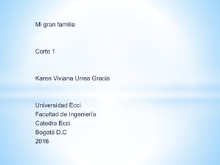 Mi gran familia
Corte 1
Karen Viviana Urrea Gracia
Universidad Ecci
Facultad de Ingeniería
Catedra Ecci
Bogotá D.C
2016
 