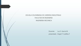 ESCUELA COLOMBIANA DE CARRERAS INDUSTRIALE
FACULTAD DE INGENIERIA
INGENIERIA MECANICA
Docente: Luz S. García M.
presentado: Angie P. Cubillos F
 