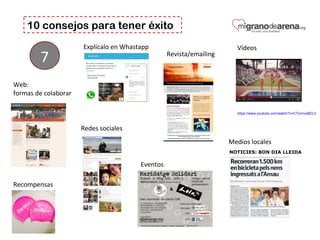 10 consejos para tener éxito
7
Web:
formas de colaborar
Medios locales
Eventos
https://www.youtube.com/watch?v=CTcmrva6EL0
Vídeos
Recompensas
Redes sociales
Explícalo en Whastapp
Revista/emailing
 