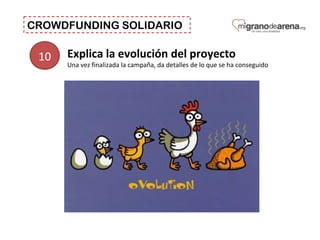CROWDFUNDING SOLIDARIO
10 Explica la evolución del proyecto
Una vez finalizada la campaña, da detalles de lo que se ha conseguido
 