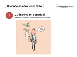 10 consejos para tener éxito
2 ¿Dónde va mi donativo? 
Explica y justifica la cantidad que quieres conseguir.
 