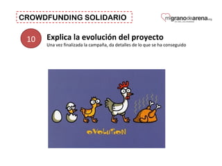 CROWDFUNDING SOLIDARIO
10 Explica la evolución del proyecto
Una vez finalizada la campaña, da detalles de lo que se ha conseguido
 