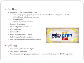 On line Plataforma virtual – Bienvenidos a Casa Información programas, proyectos y servicios de la Secretaria Nacional del Migrante – SENAMI. Red Social Virtual de las Personas Migrantes. Servicios digitales. Estrategia de gestión de contenidos. Boletines electrónicos. IPTV – MigranteecuatorianoTV. Web conference Cursos on line Redes Sociales Virtuales Públicas  Redes Sociales Virtuales temáticas. Guia para implementar redes sociales virtuales Off line Capacitación y alfabetización digital. Aula virtual - Telecentro. Asistencia en tecnologías para organizaciones y personas relacionadas con el hecho migratorio. 