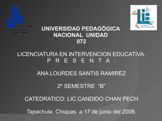 UNIVERSIDAD PEDAGÓGICA  NACIONAL  UNIDAD  072 LICENCIATURA EN INTERVENCION EDUCATIVA. P  R  E  S  E  N  T  A  :   ANA LOURDES SANTIS RAMIREZ   2º SEMESTRE  “B”   CATEDRATICO: LIC.CANDIDO CHAN PECH   Tapachula, Chiapas  a 17 de junio del 2009. 