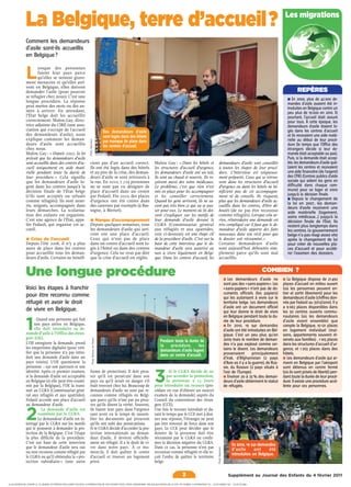 La Belgique, terre d’accueil?                                                                                                                                                                                                                                Les migrations


                 Comment les demandeurs
                 d’asile sont-ils accueillis
                 en Belgique ?


                 L
                         orsque des personnes
                         fuient leur pays parce
                         qu’elles se sentent grave-
                 ment menacées et qu’elles arri-
                 vent en Belgique, elles doivent
                 demander l'asile (pour pouvoir                                                                                                                                                                                                                                       REPÈRES
                 se réfugier chez nous). C’est une
                                                                                                                                                                                                                                                                                ࡯ En 2000, plus de 42 000 de-
                 longue procédure. La réponse
                                                                                                                                                                                                                                                                                mandes d’asile avaient été in-
                 peut mettre des mois ou des an-
                                                                                                                                                                                                                                                                                troduites en Belgique contre un
                 nées à arriver. En attendant,                                                                                                                                                                                                                                  peu plus de 19 000 en 2010. Et
                 l’État belge doit les accueillir                                                                                                                                                                                                                               pourtant, l’accueil était assuré
                 correctement. Malou Gay, direc-                                                                                                                                                                                                                                pour tous. À cette époque, les
                 trice adjointe du CIRÉ (une asso-                                                                                                                                                                                                                              demandeurs d'asile étaient lo-
                 ciation qui s'occupe de l'accueil                                                                       Des demandeurs d’asile                                                                                                                                 gés dans les centres d’accueil
                 des demandeurs d'asile), nous                                                                           sont logés dans des hôtels                                                                                                                             et ils recevaient une aide maté-
                 explique comment les deman-                                                                                                                                                                                                                                    rielle au début de leur procé-
                                                                                  Photo Reporters




                                                                                                                         par manque de place dans
                 deurs d’asile sont accueillis                                                                           les centres d’accueil.                                                                                                                                 dure (le temps que l’Office des
                 chez nous.                                                                                                                                                                                                                                                     étrangers décide si leur de-
                 Malou Gay : « Depuis 2007, la loi                                                                                                                                                                                                                              mande était acceptable ou pas).
                 prévoit que les demandeurs d’asile                                                                                                                                                                                                                             Puis, si la demande était accep-
                 sont accueillis dans des centres d’ac-                           cient pas d’un accueil correct.                                     Malou Gay : « Dans les hôtels et                              demandeurs d’asile sont conseillés                          tée, les demandeurs d’asile quit-
                 cueil uniquement en aide maté-                                   Ils ont été logés dans des hôtels                                   les structures d’accueil d’urgence,                           à toutes les étapes de leur procé-                          taient les centres et recevaient
                 rielle pendant toute la durée de                                 et au pire de la crise, des deman-                                  les demandeurs d’asile ont un toit,                           dure. L’interview est soigneuse-                            une aide financière (de l'argent)
                 leur procédure. » Cela signifie                                  deurs d’asile se sont retrouvés à                                   ils sont au chaud et nourris. Ils re-                         ment préparée. Ceux qui se retrou-                          des CPAS (Centres publics d'aide
                 que les demandeurs d’asile lo-                                   la rue. En 2010, 7 729 personnes                                    çoivent aussi des soins médicaux.                             vent dans les structures d’accueil                          sociale qui aident les gens en
                 gent dans les centres jusqu’à la                                 ne se sont pas vu désigner de                                       Le problème, c’est que rien n’est                             d’urgence ou dans les hôtels ne bé-                         difficulté dans chaque com-
                 décision finale de l’État belge                                  place d’accueil dans un centre                                      mis en place pour les accompagner                             nificient pas de cet accompagne-                            mune) pour se loger et vivre
                 (s’ils sont acceptés ou refusés                                  par Fedasil. Fin 2010, des places                                   et les conseiller correctement.                               ment ni de conseils. Ils risquent,                          jusqu'à la décision finale.
                 comme réfugiés). Ils sont nour-                                  d’urgence ont été créées dans                                                                                                                                                                 ࡯ Depuis le changement de
                                                                                                                                                      Quand les gens arrivent, ils ne sa-                           plus que les demandeurs d’asile ac-
                                                                                                                                                                                                                                                                                la loi en 2007 , les deman-
                 ris, soignés, accompagnés dans                                   des casernes par exemple (à Bas-                                    vent pas très bien ce qui va se pas-                          cueillis dans les centres, d’être dé-
                                                                                                                                                                                                                                                                                deurs d'asile reçoivent une
                 leurs démarches. La scolarisa-                                   togne, à Bierset).                                                  ser pour eux. Le moment où ils doi-                           boutés (de ne pas être reconnus                             aide matérielle (logement,
                 tion des enfants est organisée.                                                                                                      vent s’expliquer sur les motifs de                            comme réfugiés). Lorsque cela ar-                           soins médicaux...) jusqu'à la
                 C'est une agence de l'État, appe-                                b Manque d’accompagnement                                           leur demande d’asile devant le                                rive, réintroduire une demande est                          décision finale de l'État. Ils
                 lée Fedasil, qui organise cet ac-                                Depuis quelques semaines, tous                                      CGRA (Commissariat général                                    très compliqué car il faut que le de-                       restent plus longtemps dans
                 cueil.                                                           les demandeurs d’asile qui arri-                                    aux réfugiés et aux apatrides,                                mandeur d’asile apporte des faits                           les centres. Le gouvernement
                                                                                  vent ont une place d’accueil.                                       voir ci-dessous) est une étape clé                            nouveaux dans son récit pour que                            belge n’a pas réagi assez vite
                 b Crise de l’accueil                                             Ceux qui n’ont pas de place                                         de la procédure d’asile. C’est sur la                         le dossier soit réexaminé. »                                après le changement de loi
                 Depuis l’été 2008, il n’y a plus                                 dans un centre d’accueil sont lo-                                   base de cette interview que le de-                            Certains demandeurs d’asile                                 pour créer de nouvelles pla-
                 assez de place dans les centres                                  gés à l’hôtel ou dans des centres                                   mandeur d’asile sera autorisé ou                              sont aujourd’hui déboutés sim-                              ces d’accueil et pour accélé-
                 pour accueillir tous les deman-                                  d’urgence. Cela ne veut pas dire                                    non à vivre légalement en Belgi-                              plement parce qu’ils sont mal                               rer l’examen des dossiers.
                 deurs d’asile. Certains ne bénéfi-                               que la crise d’accueil est réglée.                                  que. Dans les centres d’accueil, les                          accueillis.


                 Une longue procédure                                                                                                                                                                                                                          COMBIEN ?
                                                                                                                                                                                                                                      ࡯ Les demandeurs d’asile ne            ࡯ La Belgique dispose de 21 492
                                                                                                                                                                                                                                      sont pas des « sans-papiers ». Les     places d’accueil en milieu ouvert
                 Voici les étapes à franchir                                                                                                                                                                                          « sans-papiers » n’ont pas de do-      (où les personnes peuvent en-
                                                                                                                                                                                                                                      cuments officiels (les papiers)        trer et sortir librement) pour les
                 pour être reconnu comme                                                                                                                                                                                              qui les autorisent à vivre sur le      demandeurs d’asile (chiffres don-
                 réfugié et avoir le droit                                                                                                                                                                                            territoire belge. Les demandeurs       nés par Fedasil au 31/12/2010). Il y
                                                                                                                                                                                                                                      d’asile ont un document officiel       a 9 063 places disponibles dans
                 de vivre en Belgique.                                                                                                                                                                                                qui leur donne le droit de vivre       les 50 centres ouverts commu-
                                                                                                                                                                                                                                      en Belgique pendant toute la du-       nautaires (où les demandeurs

                 1
                       . Quand une personne qui fuit                                                                                                                                                                                  rée de leur procédure.                 d’asile vivent ensemble) que
                       son pays arrive en Belgique,                                                                                                                                                                                   ࡯ En 2010, 19 941 demandes             compte la Belgique, 10 121 places
                       elle doit introduire sa de-                                                                                                                                                                                    d’asile ont été introduites en Bel-    en logement individuel (mai-
                 mande d’asile à l’Office des étran-                                                                                                                                                                                  gique. C’est un peu plus qu’en         sons, appartements souvent ré-
                 gers (OE).
                                                                                            Photo Éditions de l’Avenir




                                                                                                                                                         Pendant toute la durée de                                                    2009 mais le nombre de deman-          servés aux familles) , 1 105 places
                 L’OE enregistre la demande, prend                                                                                                                                                                                    des n’a pas explosé comme cer-         dans les structures d’accueil d’ur-
                 les empreintes digitales (pour véri-                                                                                                    la    procédure,      les
                                                                                                                                                         demandeurs d’asile logent                                                    tains le disent. Les demandeurs        gence, et 1 203 places dans des
                 fier que la personne n’a pas intro-                                                                                                                                                                                  provenaient         principalement     hôtels.
                 duit une demande d’asile dans un                                                                                                        dans un centre d’accueil.
                                                                                                                                                                                                                                      d’Irak, d’Afghanistan (2 pays          ࡯ Les demandeurs d’asile qui ar-
                 pays voisin). L’OE questionne la                                                                                                                                                                                     d’Asie où il y a la guerre), de Rus-   rivent en Belgique par l’aéroport
                 personne : sur son parcours et son                                                                                                                                                                                   sie, du Kosovo (2 pays situés à        sont détenus en centre fermé


                                                                                                                                                      3
                 identité. Après ce premier examen,                               forme de protection). Il doit prou-                                         . Si le CGRA décide de ne                                               l’est de l’Europe).                    (où ils sont privés de liberté) pen-
                 si la demande d’asile est acceptable                             ver qu’il est persécuté dans son                                            pas accorder la protection,                                             ࡯ Environ 20 à 25 % des deman-         dant toute la durée de leur procé-
                 en Belgique (si elle peut être exami-                            pays ou qu’il serait en danger s’il                                         la personne a 15 jours                                                  deurs d’asile obtiennent le statut     dure. Il existe une procédure accé-
                 née par la Belgique), l’OE la trans-                             était renvoyé chez lui. Beaucoup de                                 pour introduire un recours (pro-                                                de réfugiés.                           lérée pour ces personnes.
                 met au CGRA (Commissariat géné-                                  demandeurs d’asile ne sont pas re-                                  cédure en vue d’obtenir un nouvel
                 ral aux réfugiés et aux apatrides).                              connus comme réfugiés en Belgi-                                     examen de la demande) auprès du
                 Fedasil accorde une place d’accueil                              que parce qu’ils n’ont pas pu prou-                                 Conseil du contentieux des étran-
                 au demandeur d’asile.                                            ver qu’ils disent la vérité. Souvent,                               gers (CCE).


                 2
                          . La demande d’asile est                                ils fuient leur pays dans l’urgence                                 Une fois le recours introduit et du-
                          examinée par le CGRA.                                   sans avoir eu le temps de rassem-                                   rant le temps que le CCE met à don-
                          Le demandeur d’asile est in-                            bler les documents qui prouvent                                     ner une réponse, l’étranger ne peut
                 terrogé par le CGRA sur les motifs                               qu’ils ont subi des persécutions.                                   pas être renvoyé de force dans son
                 qui le poussent à demander la pro-                               Si le CGRA décide d’accorder la pro-                                pays. Le CCE peut décider que le
                 tection de la Belgique. C’est l’étape                            tection internationale au deman-                                    dossier de la personne doit être
                 la plus difficile de la procédure.                               deur d’asile, il devient officielle-                                réexaminé par le CGRA ou confir-
                 C’est sur base de cette interview                                ment un réfugié. Il a le droit de vi-                               mer la décision négative du CGRA.
                                                                                                                                                                                                                                           En 2010, 19 941 demandes
                 que le demandeur d’asile sera oui                                vre dans notre pays . À ce mo-                                      Dans ce cas, la personne n’est pas
                                                                                                                                                                                                                    Photo Reporters




                                                                                                                                                                                                                                           d’asile       ont    été
                 ou non reconnu comme réfugié par                                 ment-là, il doit quitter le centre                                  reconnue comme réfugiée et elle re-
                                                                                                                                                                                                                                           introduites en Belgique.
                 le CGRA ou qu’il obtiendra la « pro-                             d’accueil et trouver un logement                                    çoit l’ordre de quitter le territoire
                 tection subsidiaire » (une autre                                 privé.                                                              belge.


                                                                                                                                                                               3                                                         Supplément au Journal des Enfants du 4 février 2011

(c) LES EDITIONS DE L’AVENIR S.A. CE JOURNAL EST PROTEGE PAR LE DROIT D’AUTEUR. LA REPRODUCTION DE TOUT ELEMENT (TEXTE, PHOTO, INFOGRAPHIE), PAR QUELQUE MOYEN QUE CE SOIT, EST SOUMISE A AUTORISATION. TEL : +32 81/248.801 FAX : +32 81/222.840
 