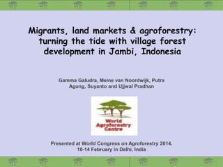 Migrants, land markets & agroforestry:
turning the tide with village forest
development in Jambi, Indonesia

Gamma Galudra, Meine van Noordwijk, Putra
Agung, Suyanto and Ujjwal Pradhan

Presented at World Congress on Agroforestry 2014,
10-14 February in Delhi, India

 