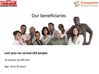Last year we served 103 people
19 women και 84 men
Age 14 to 56 years
Our beneficiaries
 