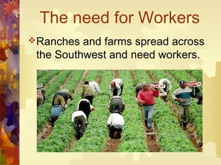 The need for Workers
Ranches  and farms spread across
 the Southwest and need workers.
 