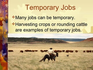 Temporary Jobs
Many  jobs can be temporary.
Harvesting crops or rounding cattle
 are examples of temporary jobs.
 