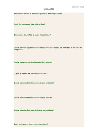 GEOGRAFIA 8 ANO
MIGRAÇÕES
Em que se divide o estatuto jurídico das migrações?
Qual é a natureza das migrações?
Em que se classifica o saldo migratório?
Quais as consequências das migrações nas áreas de partida? E na área de
chegada?
Quais os factores da diversidade cultural?
O que é a taxa de urbanização (TU)?
Quais as características das áreas urbanas?
Quais as características das áreas rurais?
Quais os critérios que definem uma cidade?
Quais os impactos do crescimento urbano?
 