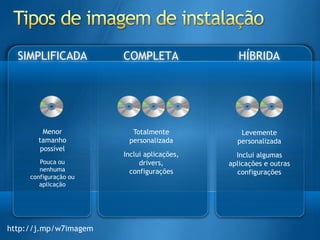 Tipos de imagem de instalaçãoSIMPLIFICADACOMPLETAHÍBRIDAMenortamanhopossívelPoucaounenhumaconfiguraçãoouaplicaçãoTotalmentepersonalizadaIncluiaplicações, drivers, configuraçõesLevementepersonalizadaIncluialgumasaplicações e outrasconfiguraçõeshttp://j.mp/w7imagem