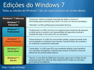 Edições do Windows 7Todas as edições do Windows 7 são um superconjuntodaversãoabaixoWindows® 7 Ultimate Windows® 7 EnterpriseWindows® 7 ProfessionalWindows® 7 Home PremiumWindows® 7 Home BasicWindows® 7 Starterhttp://j.mp/w7comp3