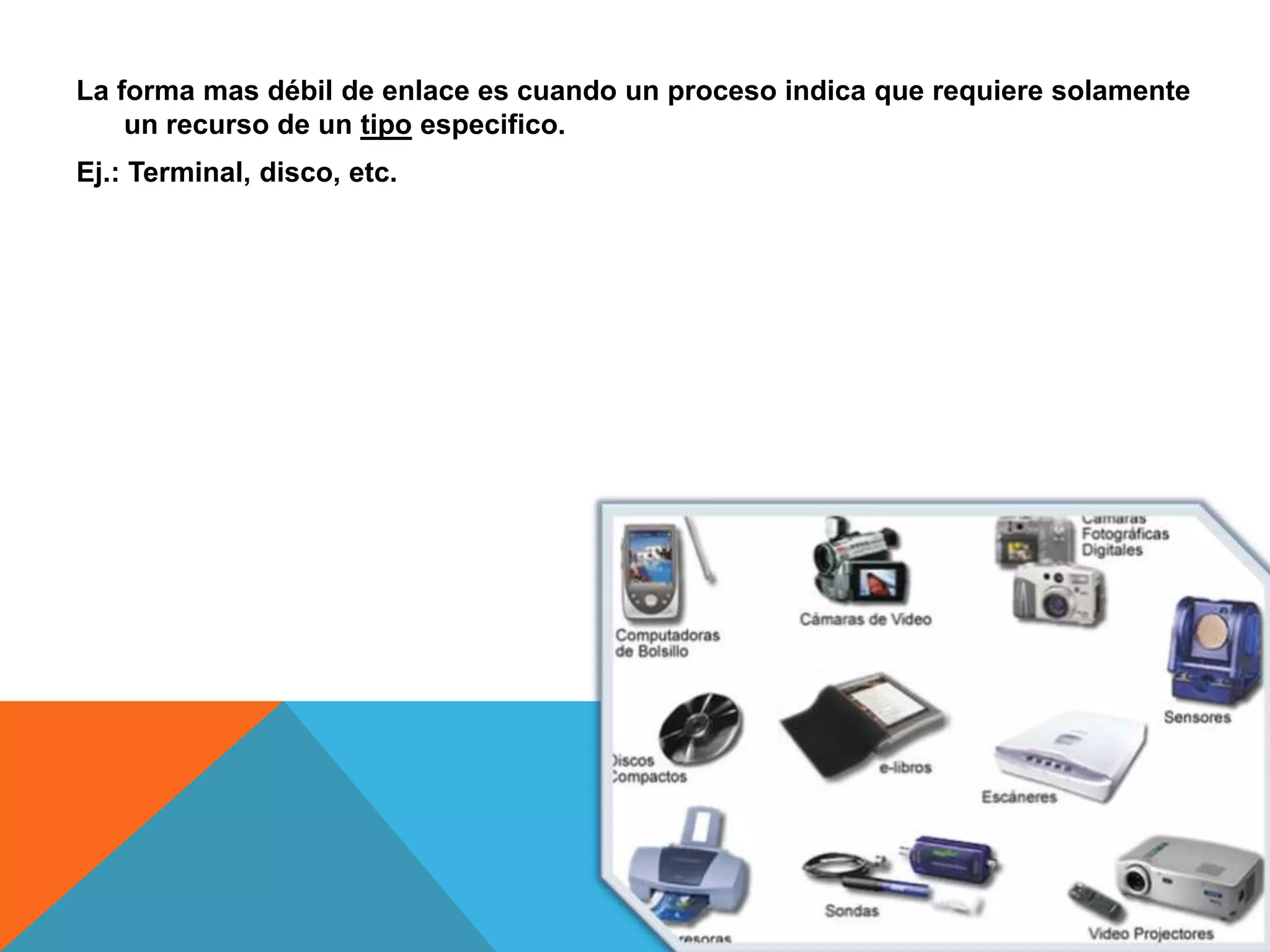 La forma mas débil de enlace es cuando un proceso indica que requiere solamente
un recurso de un tipo especifico.
Ej.: Terminal, disco, etc.
 