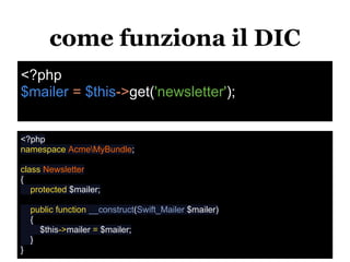 come funziona il DIC
<?php
$mailer = $this->get('newsletter');


<?php
namespace AcmeMyBundle;

class Newsletter
{
   protected $mailer;

    public function __construct(Swift_Mailer $mailer)
    {
      $this->mailer = $mailer;
    }
}
 