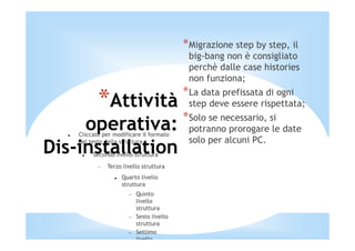 *Migrazione step by step, il
                                            big-bang non è consigliato
                                            perchè dalle case histories
                                            non funziona;
                                           *La data prefissata di ogni
           *Attività                        step deve essere rispettata;
                                           *Solo se necessario, si
     operativa:
    Cliccate per modificare il formato
                                            potranno prorogare le date
                                            solo per alcuni PC.
Dis-installation
    del testo della struttura

         Secondo livello struttura
           −   Terzo livello struttura
                    Quarto livello
                    struttura
                       −   Quinto
                           livello
                           struttura
                       −   Sesto livello
                           struttura
                       −   Settimo
                           livello
 