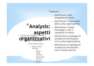 * Obiettivi:
                                          – Identificare classi
                                            omogenee di utenti;
                                          – Identificare i responsabili
                                            delle unità organizzative;
       *Analysis:                         – Identificare i leader
                                            tecnologici, cioè il
      aspetti
Cliccate per modificare il formato
                                            campione di utenti;
                                          – Identificare la tipologia di
organizzativi
del testo della struttura
                                            scambio di informazioni
     Secondo livello struttura
                                            tra le unità organizzative;
           Terzo livello struttura
                                          – Identificare la tipologia di
       −

                Quarto livello
                struttura
                                            scambio di informazioni
                   −   Quinto               con il mondo esterno.
                       livello
                       struttura
                   −   Sesto livello
                       struttura
                   −   Settimo
                       livello
 