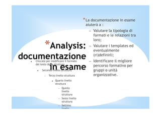 * La documentazione in esame
                                           aiuterà a :
                                             – Valutare la tipologia di
                                               formati e le relazioni tra
                                               loro;
          *Analysis:                         – Valutare i templates ed
                                               eventualmente
documentazione
   Cliccate per modificare il formato
                                               (ri)definirli;
                                             – Identificare il migliore
      in esame
   del testo della struttura
                                               percorso formativo per
        Secondo livello struttura              gruppi o unità
          −   Terzo livello struttura          organizzative.
                   Quarto livello
                   struttura
                      −   Quinto
                          livello
                          struttura
                      −   Sesto livello
                          struttura
                      −   Settimo
                          livello
 