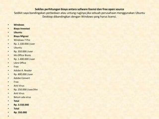 Sekilas perhitungan biaya antara sofware lisensi dan free open source
Sedikit saya bandingakan perbedaan atau untung ruginya jika sebuah perusahaan menggunakan Ubuntu
Desktop dibandingkan dengan Windows yang harus licensi.
• Windows
• Biaya Investasi
• Ubuntu
• Biaya Migrasi
• Windows 7 Pro
• Rp. 1.100.000 /user
• Ubuntu
• Rp. 350.000 /user
• Ms.Office Bisnis
• Rp. 1.400.000 /user
• Libre Office
• Free
• Adobe A. Reader
• Rp. 800.000 /user
• Adobe Convert
• Free
• Anti Virus
• Rp. 250.000 /user/thn
• Anti Virus
• Belum ada virus
• Total
• Rp. 3.550.000
• Total
• Rp. 350.000
•
 