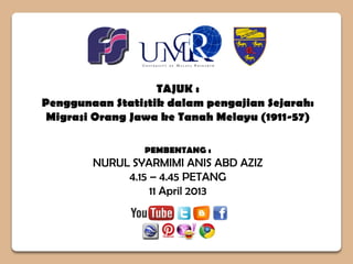 TAJUK :
Penggunaan Statistik dalam pengajian Sejarah:
Migrasi Orang Jawa ke Tanah Melayu (1911-57)
PEMBENTANG :
NURUL SYARMIMI ANIS ABD AZIZ
4.15 – 4.45 PETANG
11 April 2013
 