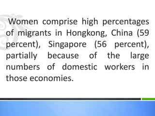Women comprise high percentages
of migrants in Hongkong, China (59
percent), Singapore (56 percent),
partially because of the large
numbers of domestic workers in
those economies.
 