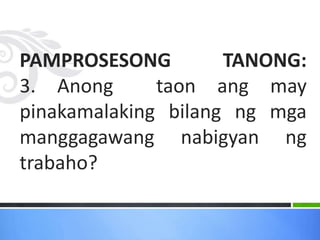 PAMPROSESONG TANONG:
3. Anong taon ang may
pinakamalaking bilang ng mga
manggagawang nabigyan ng
trabaho?
 