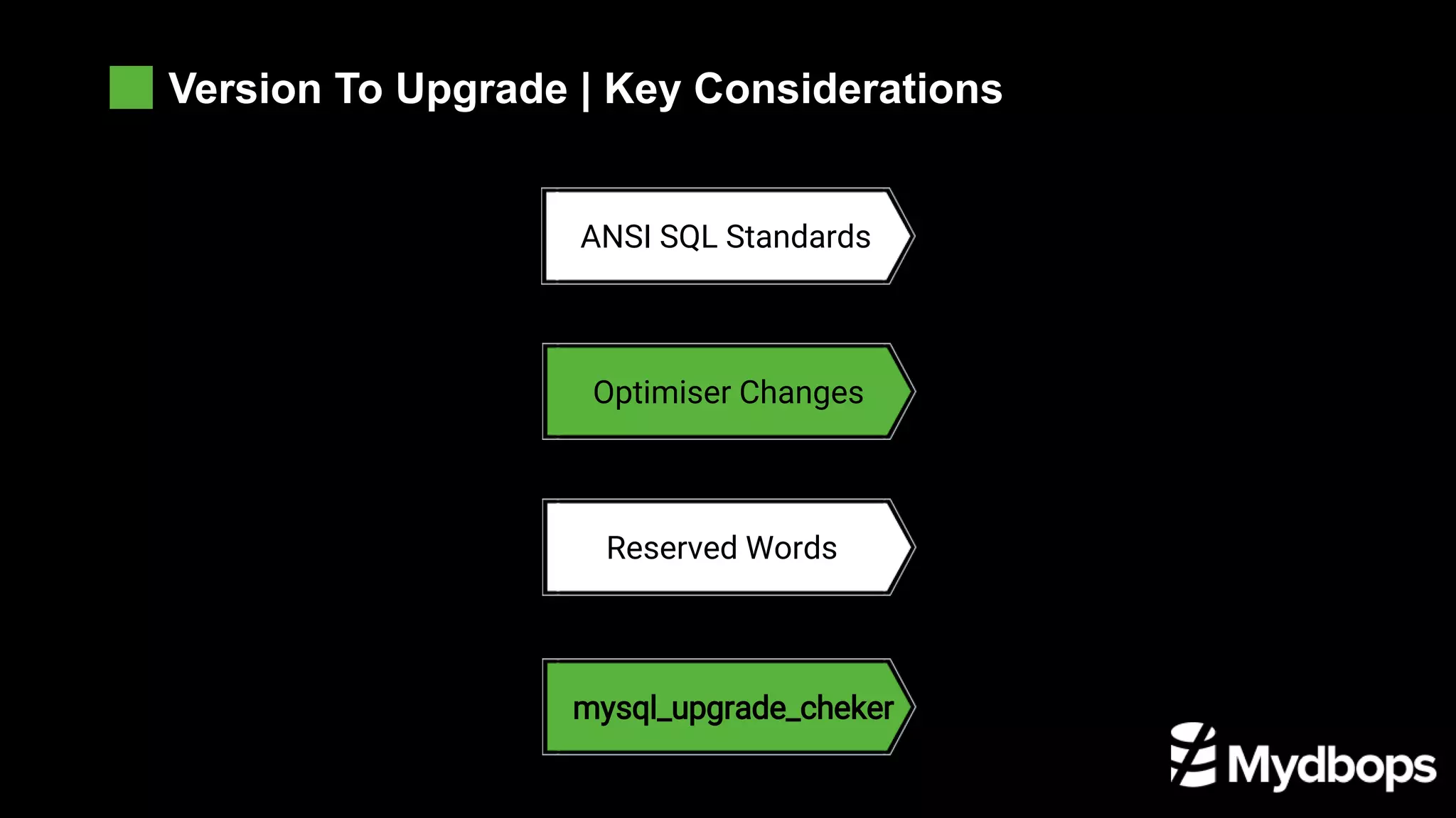 Version To Upgrade | Key Considerations
ANSI SQL Standards
Optimiser Changes
Reserved Words
mysql_upgrade_cheker
 