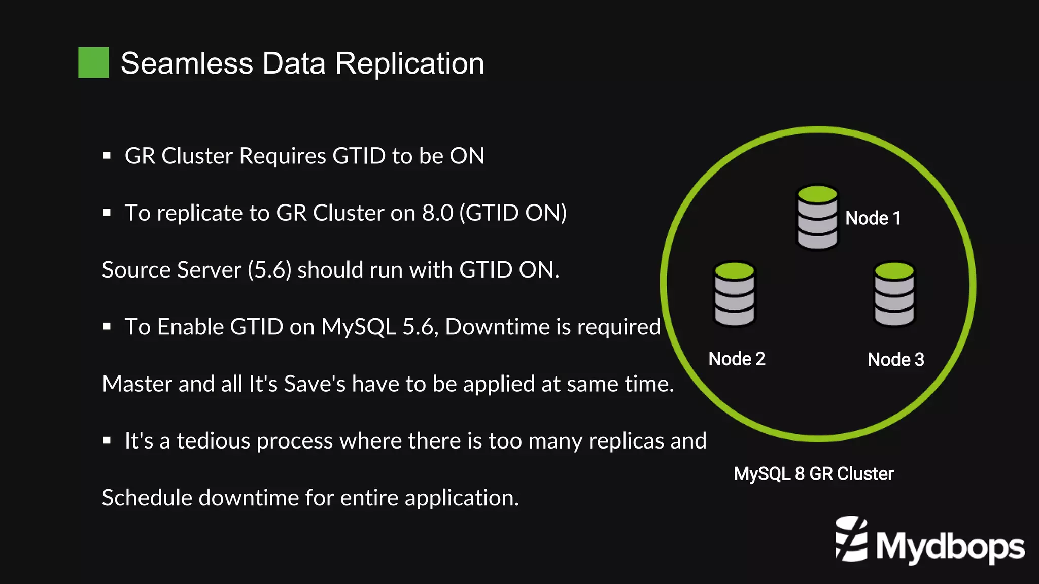 Seamless Data Replication
Node 1
Node 2 Node 3
 GR Cluster Requires GTID to be ON
 To replicate to GR Cluster on 8.0 (GTID ON)
Source Server (5.6) should run with GTID ON.
 To Enable GTID on MySQL 5.6, Downtime is required
Master and all It's Save's have to be applied at same time.
 It's a tedious process where there is too many replicas and
Schedule downtime for entire application.
MySQL 8 GR Cluster
 