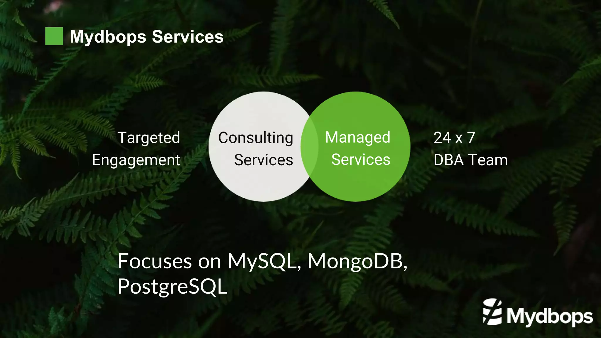 Mydbops Services
Consulting
Services
Managed
Services
Focuses on MySQL, MongoDB,
PostgreSQL
Targeted
Engagement
24 x 7
DBA Team
 