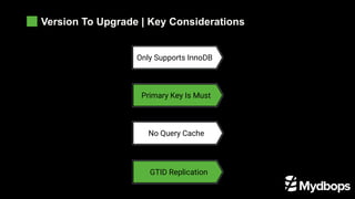 Version To Upgrade | Key Considerations
Only Supports InnoDB
Primary Key Is Must
No Query Cache
GTID Replication
 