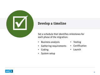 Develop a timeline
15
 Set a schedule that identifies milestones for
each phase of the migration:
• Business analysis
• Gathering requirements
• Coding
• System setup
• Testing
• Certification
• Launch
 
