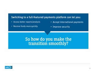 3
Switching to a full-featured payments platform can let you:
• Access better reports/analysis
• Receive funds more quickly
So how do you make the
transition smoothly?
• Accept international payments
• Improve security
 