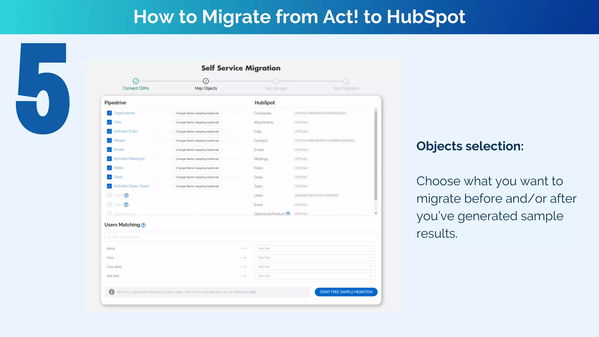 Objects selection:
Choose what you want to
migrate before and/or after
you’ve generated sample
results.
How to Migrate from Act! to HubSpot
 