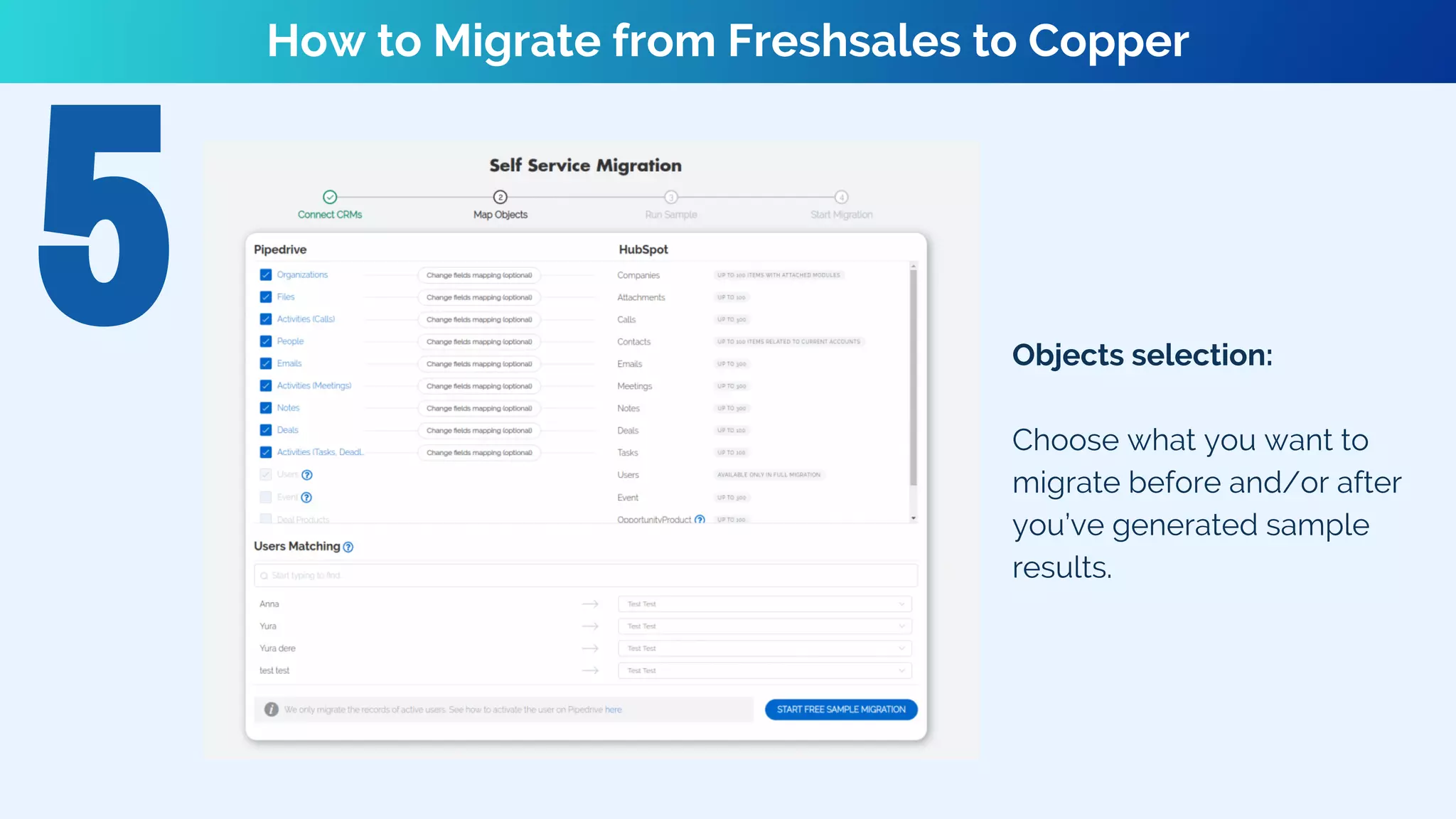 Objects selection:
Choose what you want to
migrate before and/or after
you’ve generated sample
results.
How to Migrate from Freshsales to Copper
 