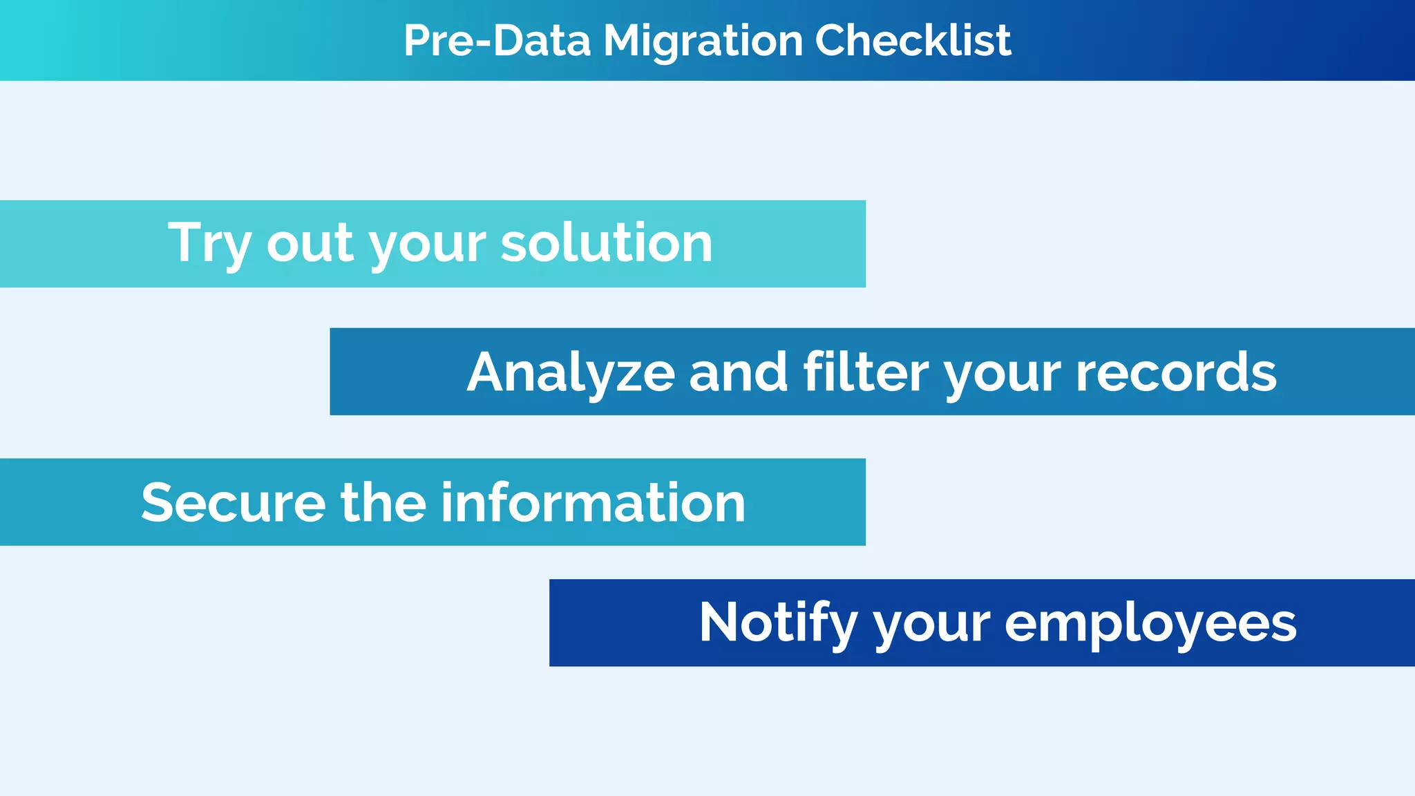 Try out your solution
Analyze and filter your records
Secure the information
Notify your employees
Pre-Data Migration Checklist
 
