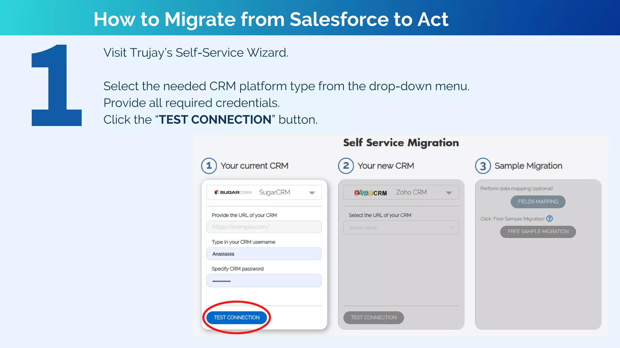 Visit Trujay’s Self-Service Wizard.
Select the needed CRM platform type from the drop-down menu.
Provide all required credentials.
Click the “TEST CONNECTION” button.
How to Migrate from Salesforce to Act
 