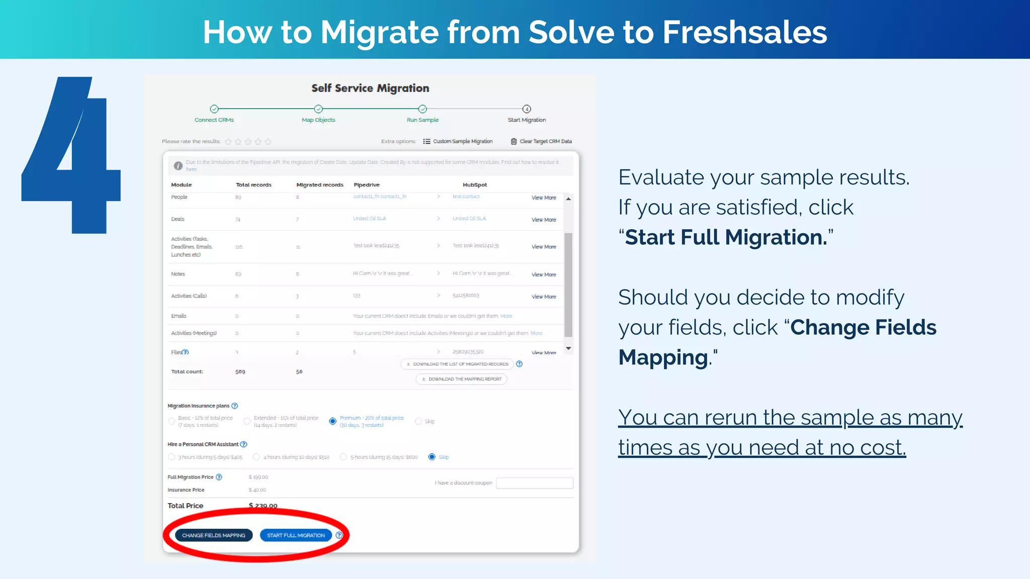 How to Migrate from Solve to Freshsales
Evaluate your sample results.
If you are satisfied, click
“Start Full Migration.”
Should you decide to modify
your fields, click “Change Fields
Mapping."
You can rerun the sample as many
times as you need at no cost.
 