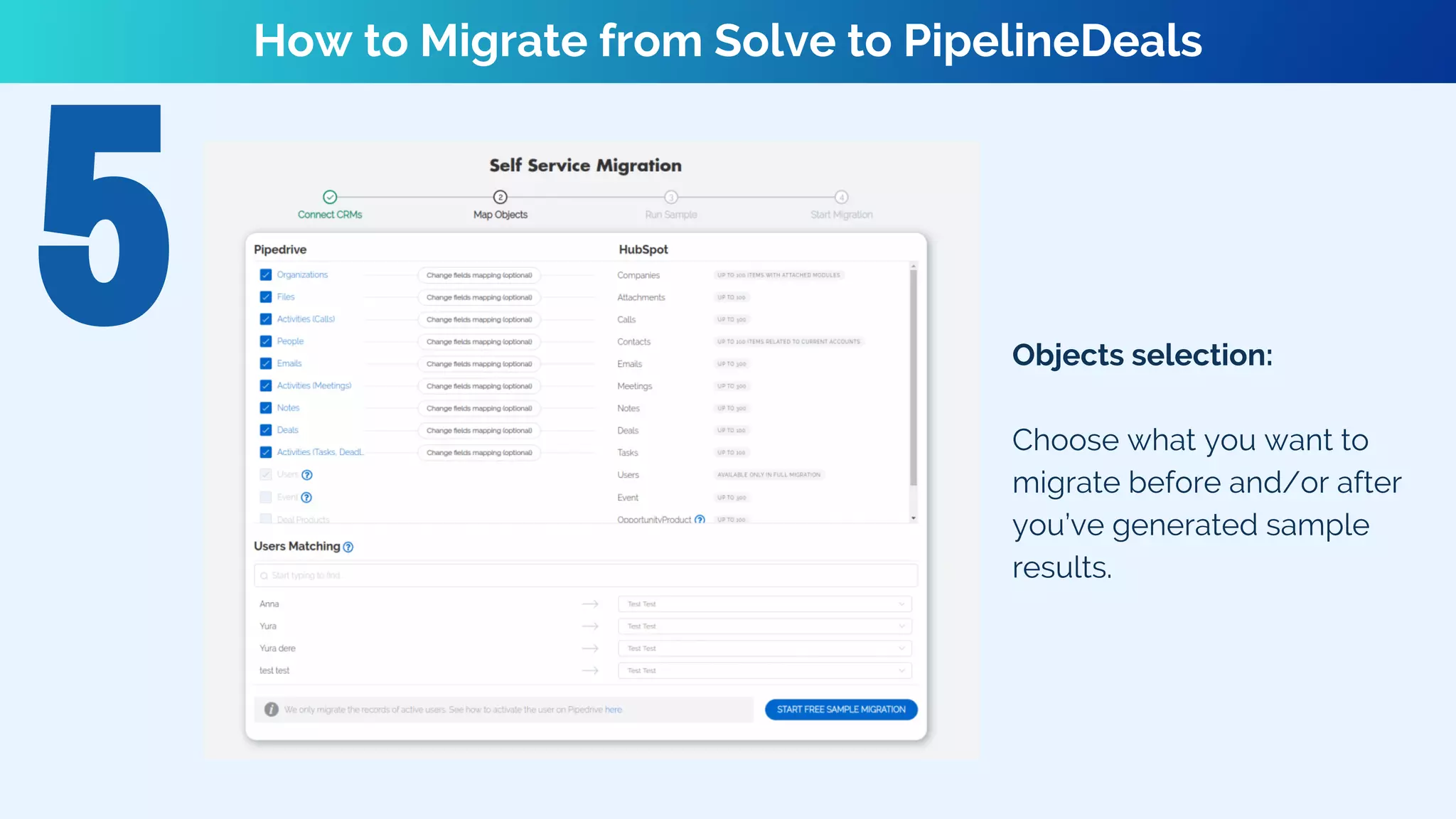Objects selection:
Choose what you want to
migrate before and/or after
you’ve generated sample
results.
How to Migrate from Solve to PipelineDeals
 