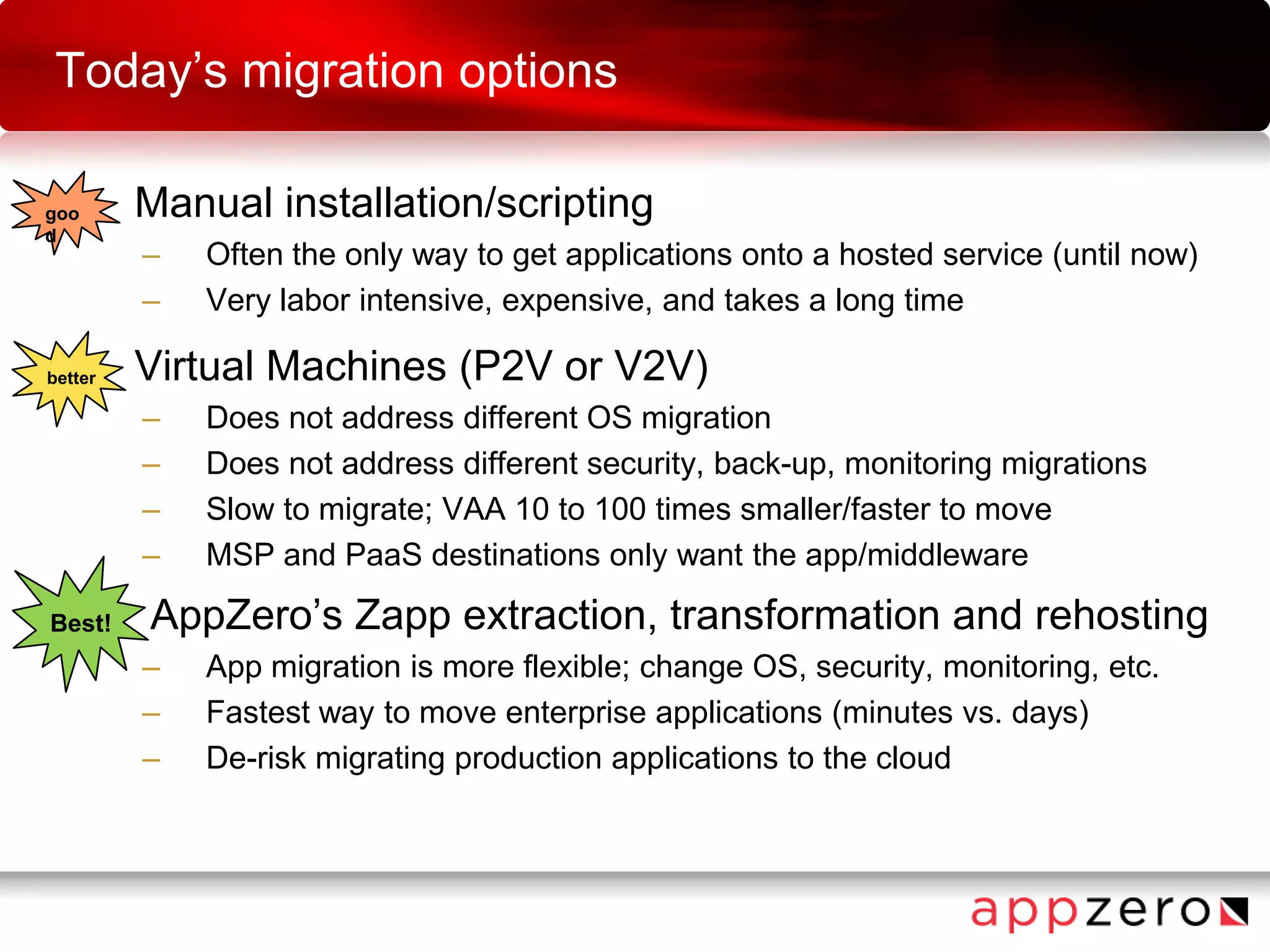 Today’s migration options
• Manual installation/scripting
– Often the only way to get applications onto a hosted service (until now)
– Very labor intensive, expensive, and takes a long time
• Virtual Machines (P2V or V2V)
– Does not address different OS migration
– Does not address different security, back-up, monitoring migrations
– Slow to migrate; VAA 10 to 100 times smaller/faster to move
– MSP and PaaS destinations only want the app/middleware
• AppZero’s Zapp extraction, transformation and rehosting
– App migration is more flexible; change OS, security, monitoring, etc.
– Fastest way to move enterprise applications (minutes vs. days)
– De-risk migrating production applications to the cloud
goo
d
better
Best!
 